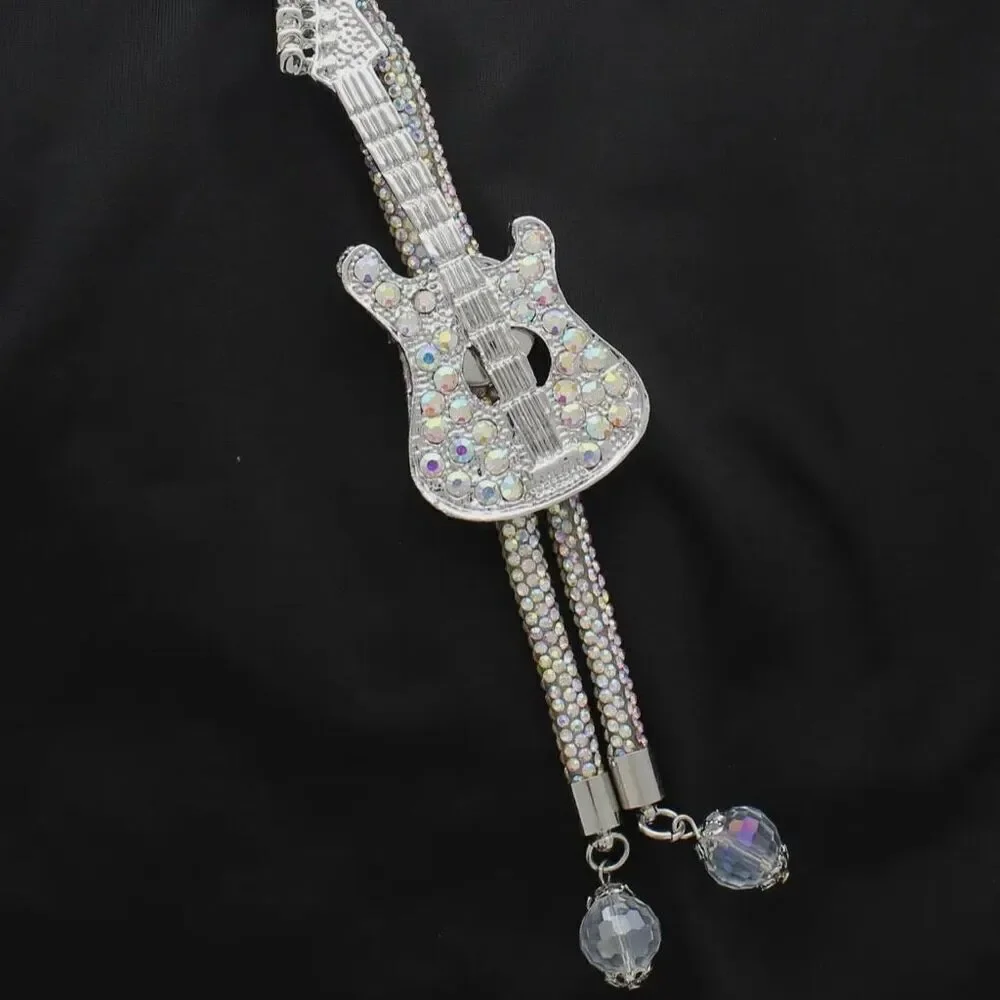 Western Rhinestone Rodeo Guitar Pendant Bolo Tie Necklace for the Wild at Heart